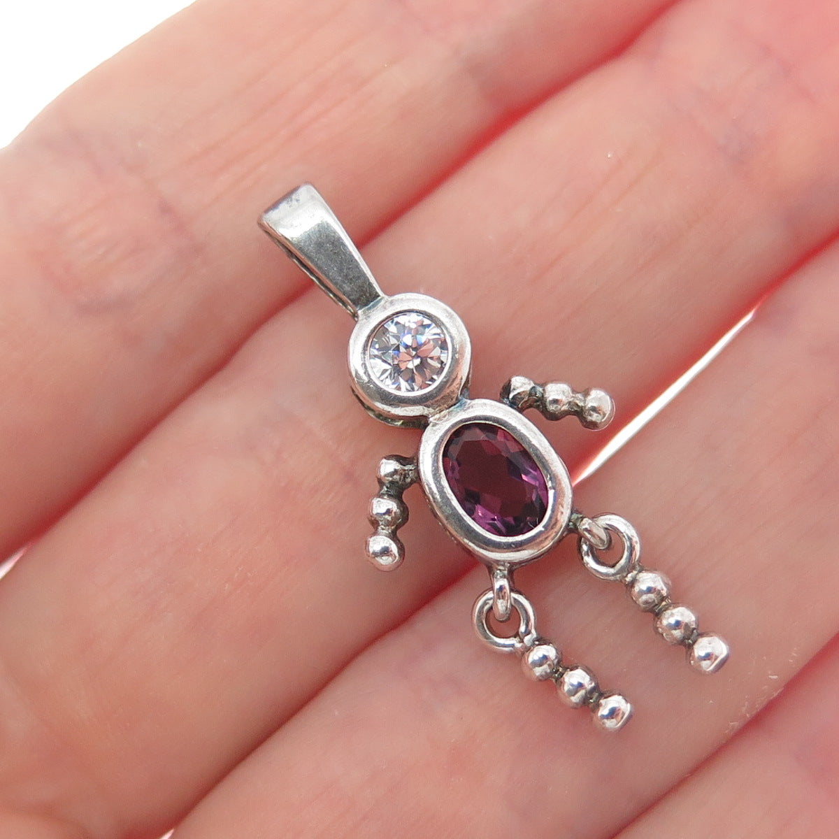 925 Sterling Vintage Amethyst & C Z February Birthstone Boy Articulated Pendant