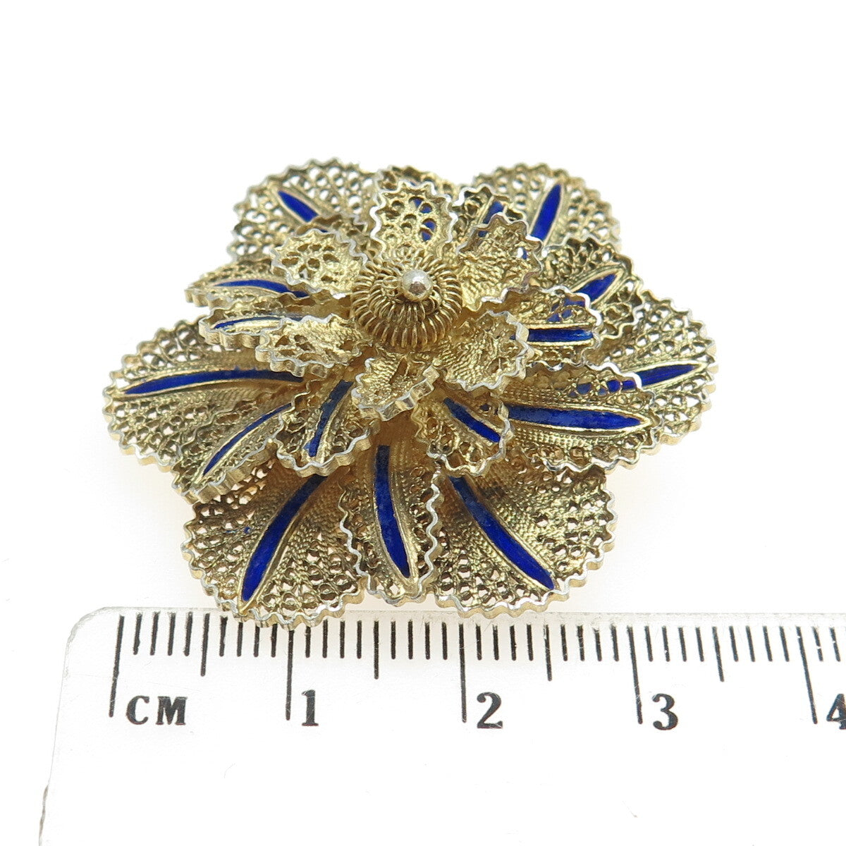 925 Sterling Silver Gold Plated Vintage Enamel Filigree Floral Pin Brooch