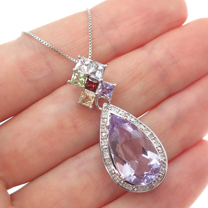 925 Sterling Silver Real Diamond & Multi-Color Gem Box Chain Necklace 18"