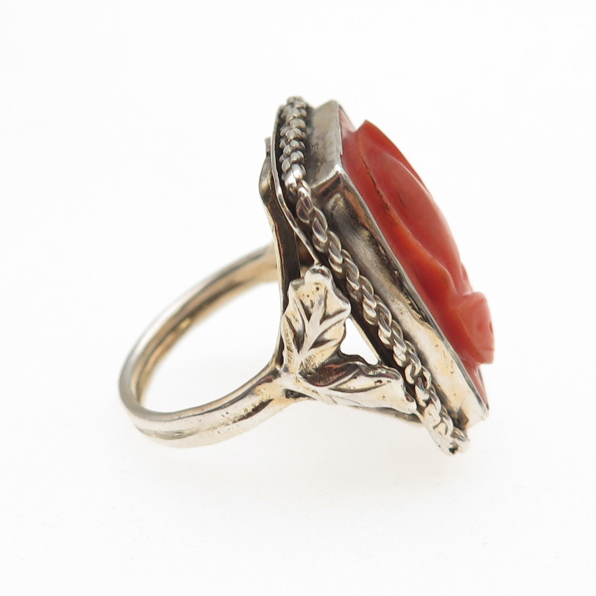 925 Sterling Silver Gold Plated Antique Art Deco Coral Warrior Cameo Ring Size 5