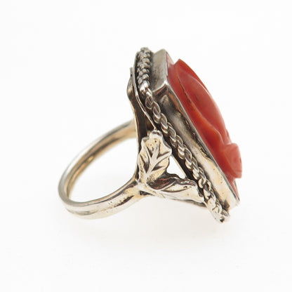 925 Sterling Silver Gold Plated Antique Art Deco Coral Warrior Cameo Ring Size 5