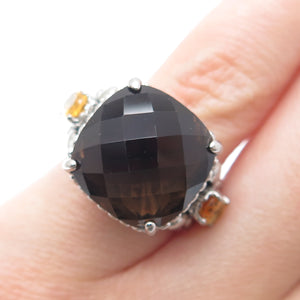 FADI Stainless Steel Real Diamond Smoky Quartz & Citrine Gemstone Ring Size 5.25