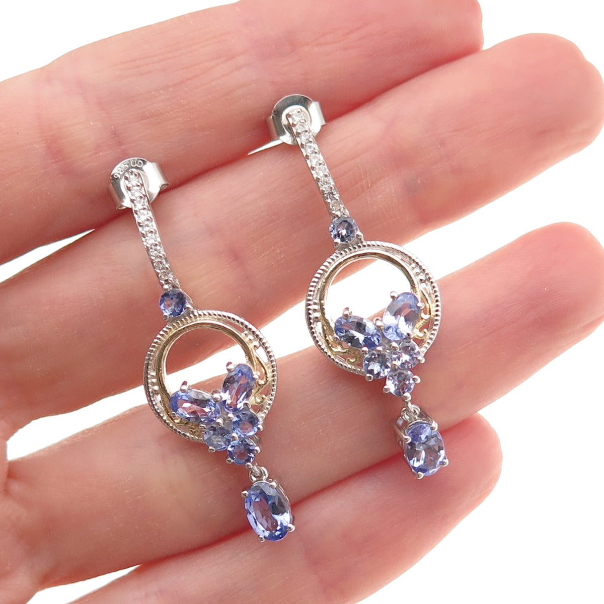 Chuck Clemency 925 Sterling Silver 2-Tone Real Tanzanite & White Topaz Earrings