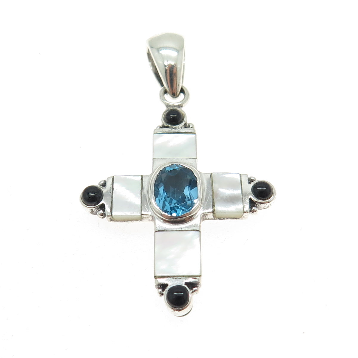 925 Sterling Silver Vintage Mother-of-Pearl & Multi-Gem Cross Dual Sided Pendant