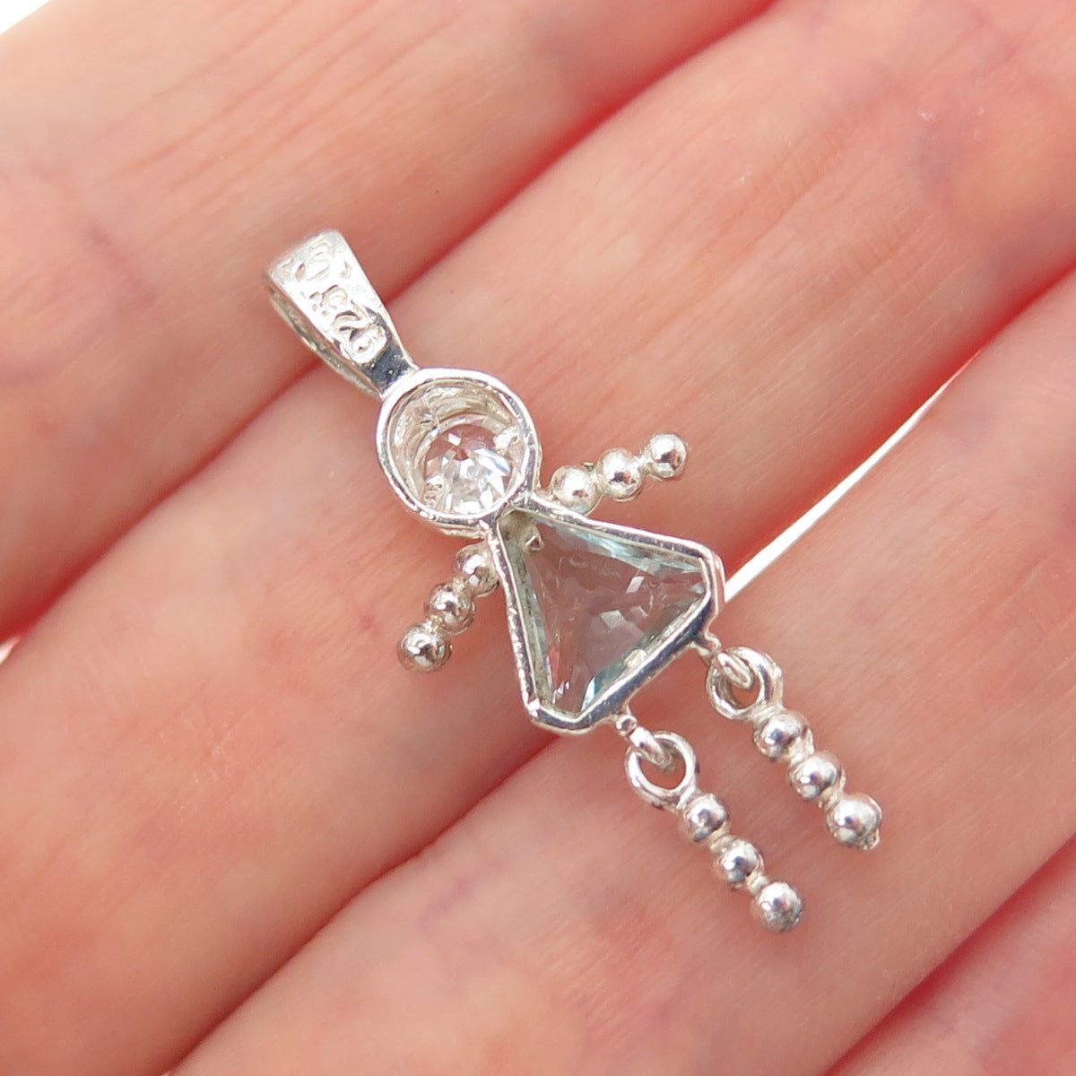 CELLINI Sterling Vintage Blue White CZ March Birthstone Girl Articulated Pendant