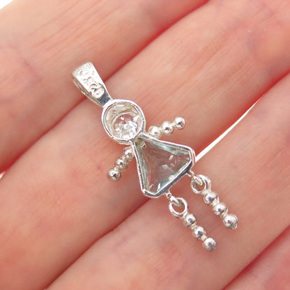 CELLINI Sterling Vintage Blue White CZ March Birthstone Girl Articulated Pendant