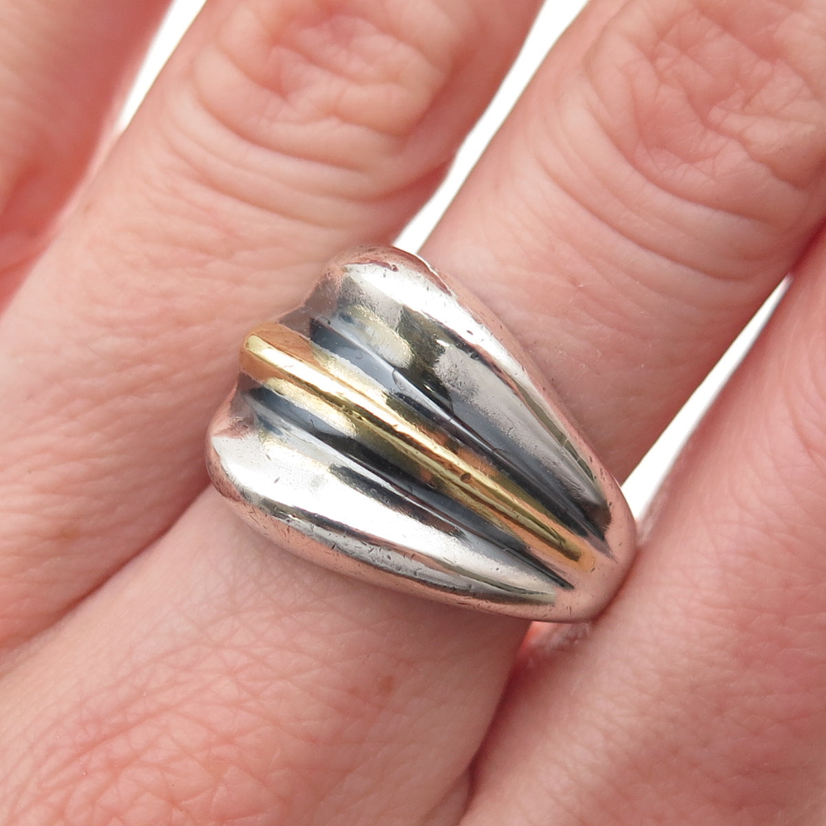 925 Sterling Silver 2-Tone Vintage Mexico Modernist Oxidized Ring Size 8.75