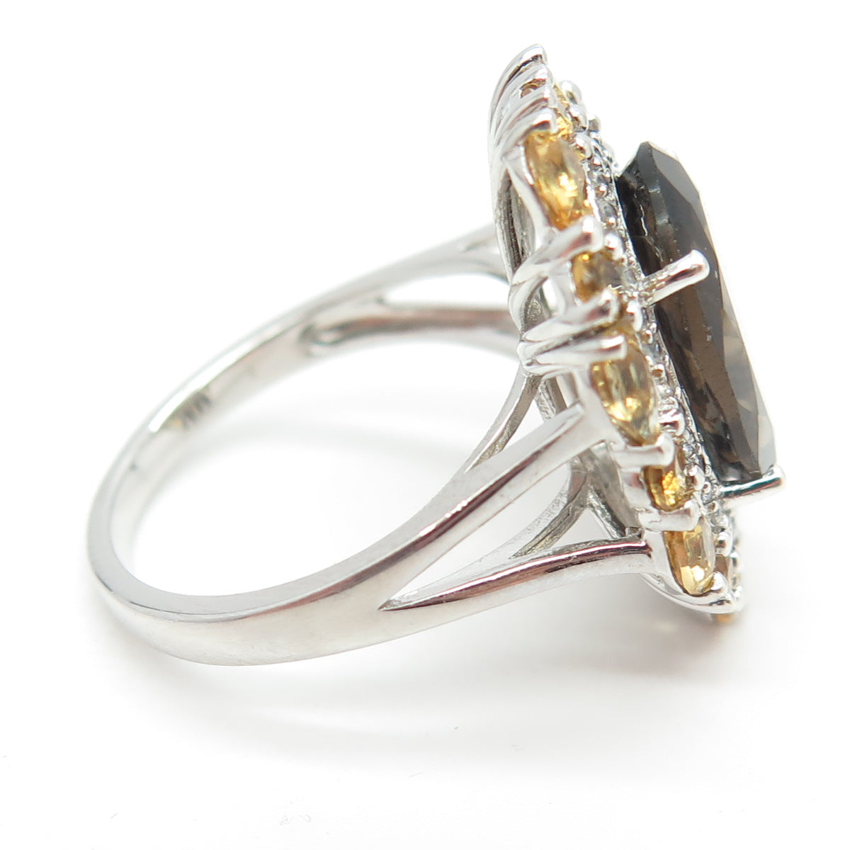 925 Sterling Silver Real Smoky Quartz Citrine White Topaz Cluster Ring Size 7.25