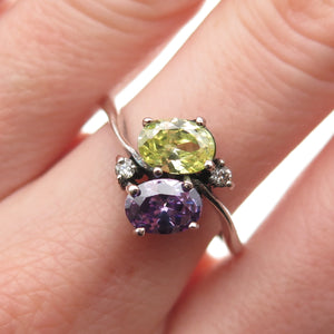 925 Sterling Silver Vintage Green & Purple Oval-Cut C Z Oxidized Ring Size 8