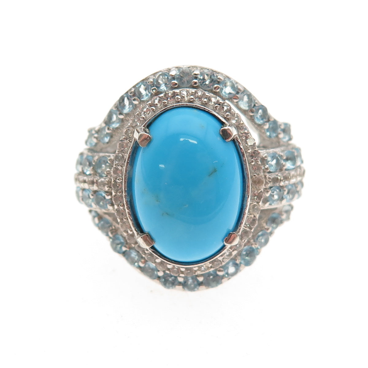 Chuck Clemency 925 Sterling Silver Real Turquoise White & Blue Topaz Ring Size 8