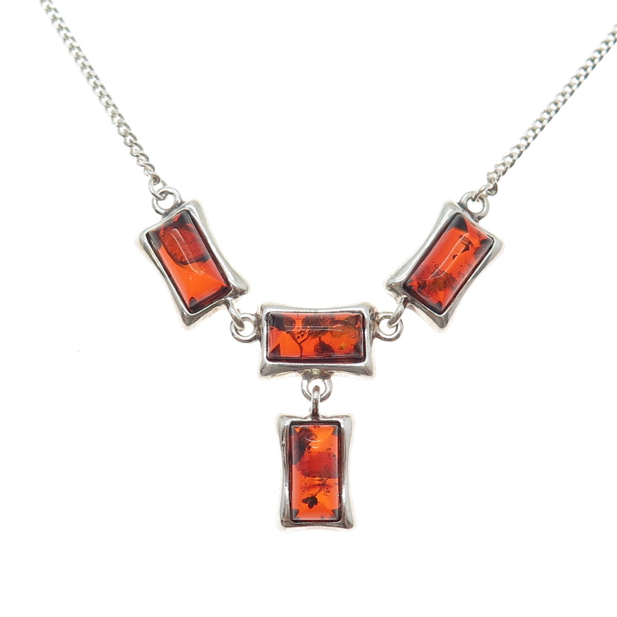 925 Sterling Silver Vintage Real Amber Modernist Curb Chain Necklace 16"