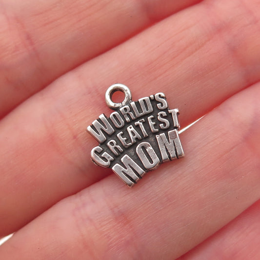 925 Sterling Silver Vintage World's Greatest Mom Oxidized Charm Pendant