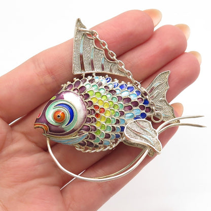 925 Sterling Silver Enamel Antique Chinese Articulated Koi Fish Chatelaine Fob