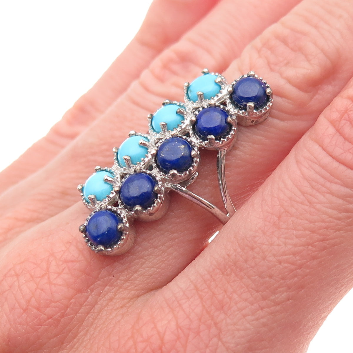 Chuck Clemency 925 Sterling Silver Real Turquoise & Lapis Ring Size 8.25