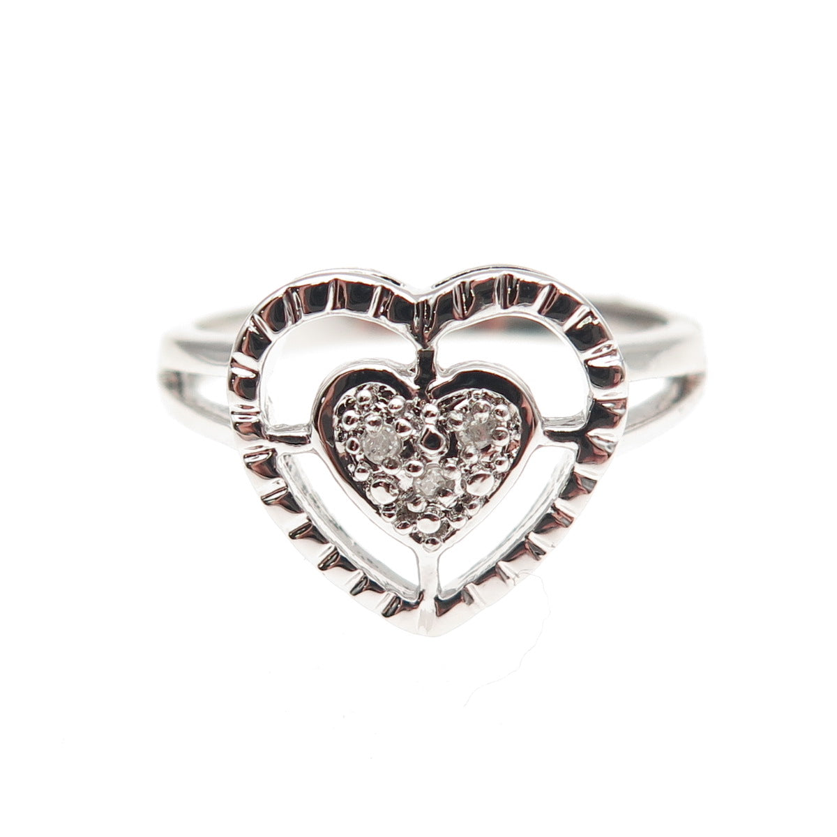 925 Sterling Silver Real Round-Cut Diamond Heart Ring Size 6
