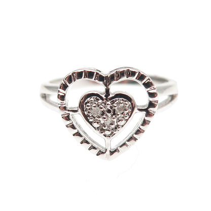 925 Sterling Silver Real Round-Cut Diamond Heart Ring Size 6