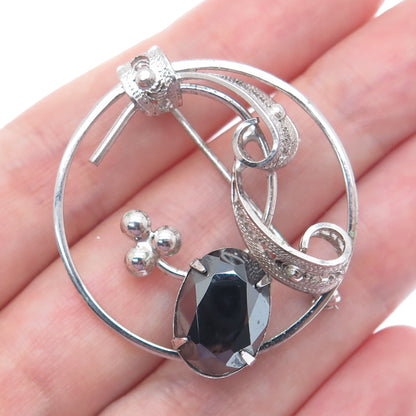 SORRENTO 925 Sterling Silver Vintage Real Hematite Gem Filigree Floral Brooch