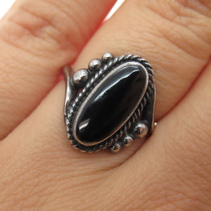 925 Sterling Silver Vintage Real Black Onyx Beaded Oxidized Ring Size 6