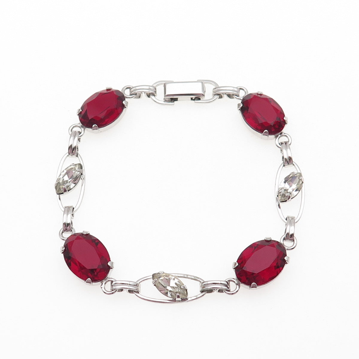 Van Dell 925 Sterling Silver Antique Art Deco Red & White Rhinestone Bracelet 7"