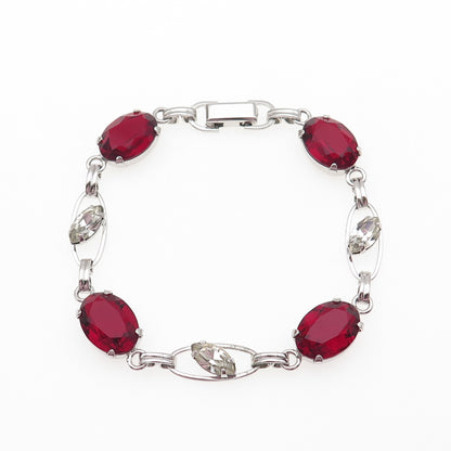 Van Dell 925 Sterling Silver Antique Art Deco Red & White Rhinestone Bracelet 7"