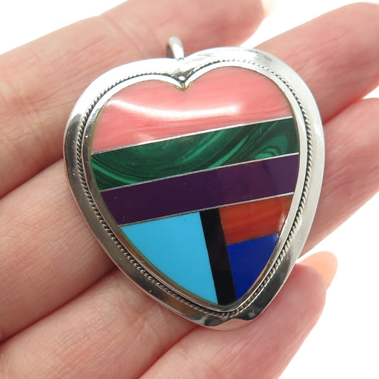 925 Sterling Silver Vintage Southwestern Multi-Color Gem Heart Pendant