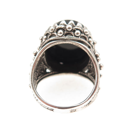 925 Sterling Silver Vintage Real Black Onyx Filigree Oxidized Ring Size 7.25