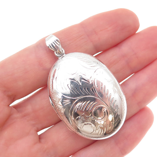 925 Sterling Silver Vintage Engraved Floral Oval Locket Pendant
