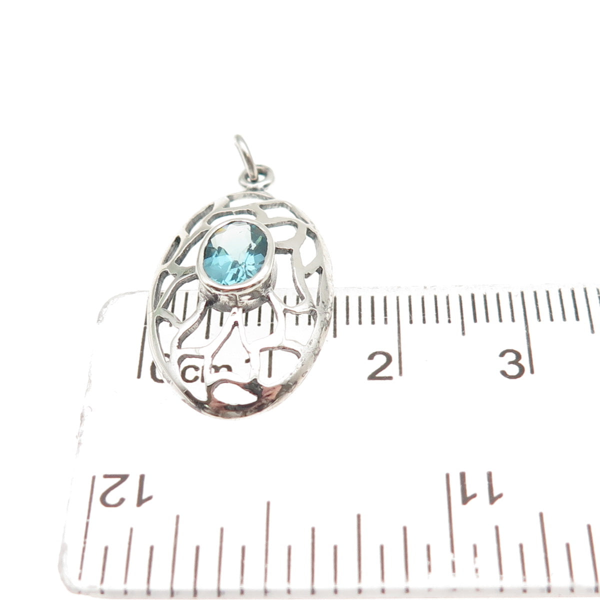 925 Sterling Silver Vintage Real Oval-Cut Blue Topaz Ornate Charm Pendant
