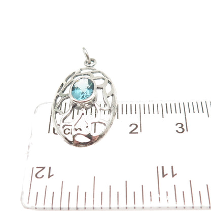 925 Sterling Silver Vintage Real Oval-Cut Blue Topaz Ornate Charm Pendant