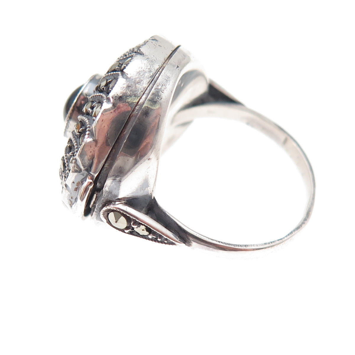 925 Sterling Antique Art Deco Real Black Onyx & Marcasite Locket Ring Size 5