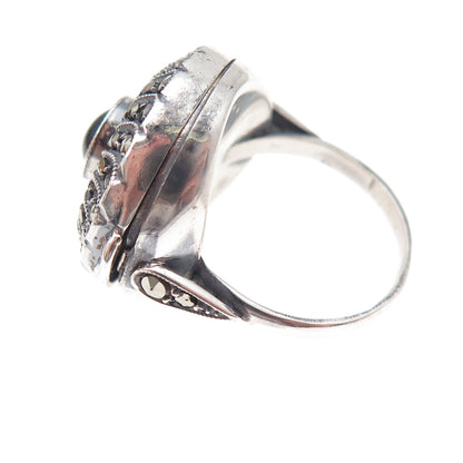 925 Sterling Antique Art Deco Real Black Onyx & Marcasite Locket Ring Size 5