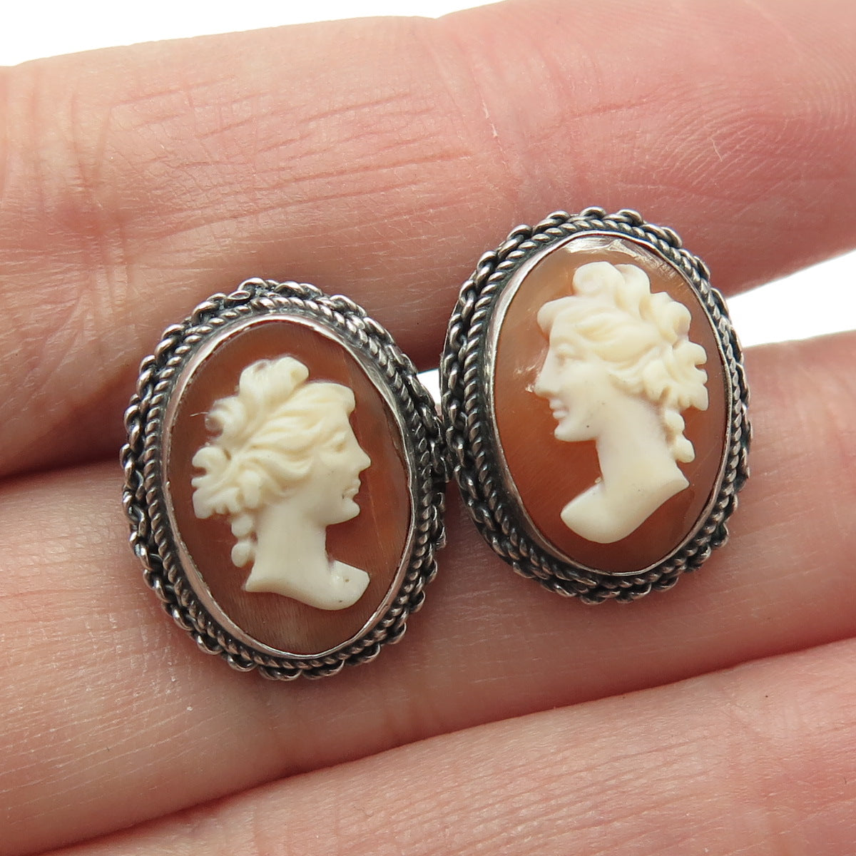 800 Silver Antique Cameo Victorian Lady Oxidized Earrings