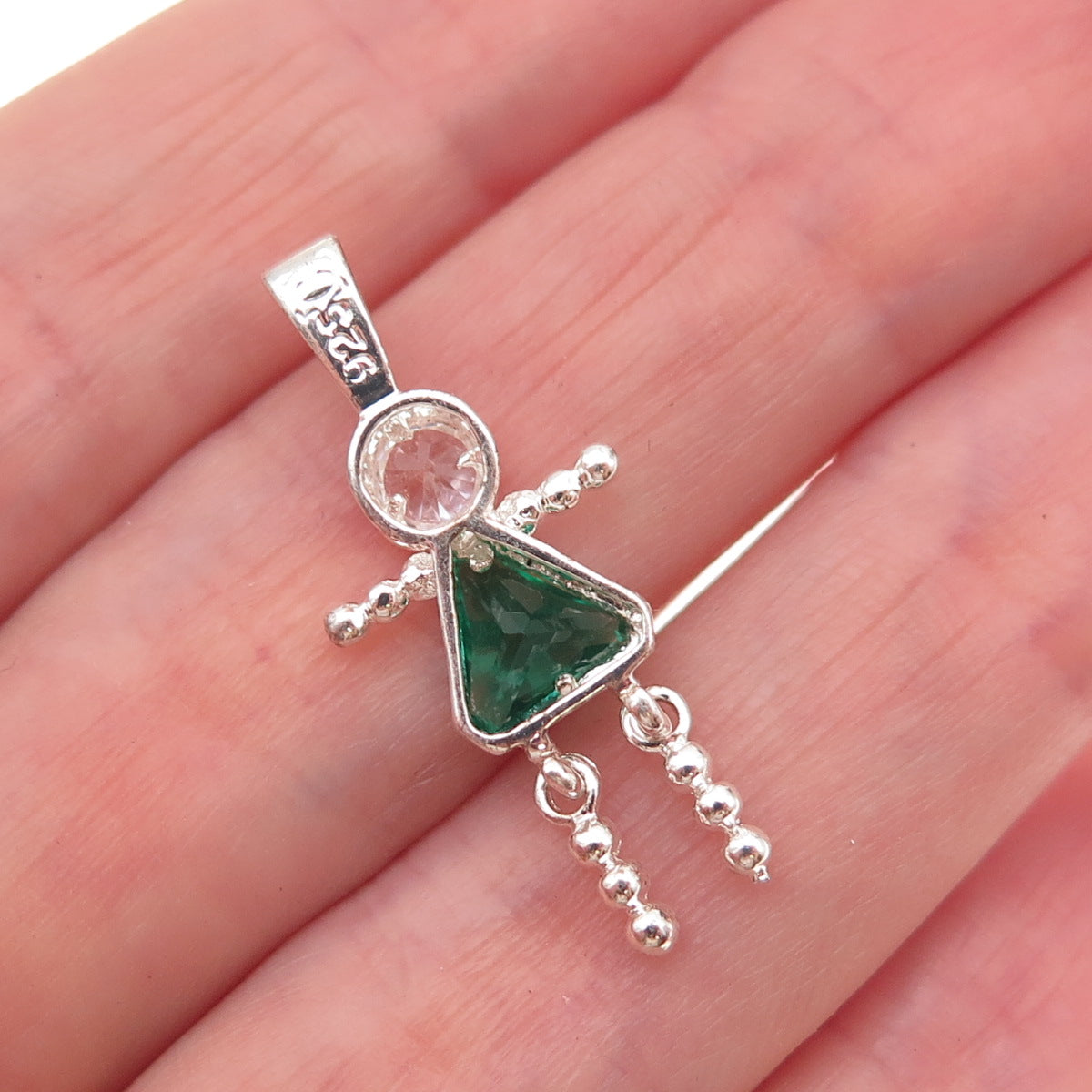 925 Sterling Silver C Z May Birthstone Girl Articulated Charm Pendant