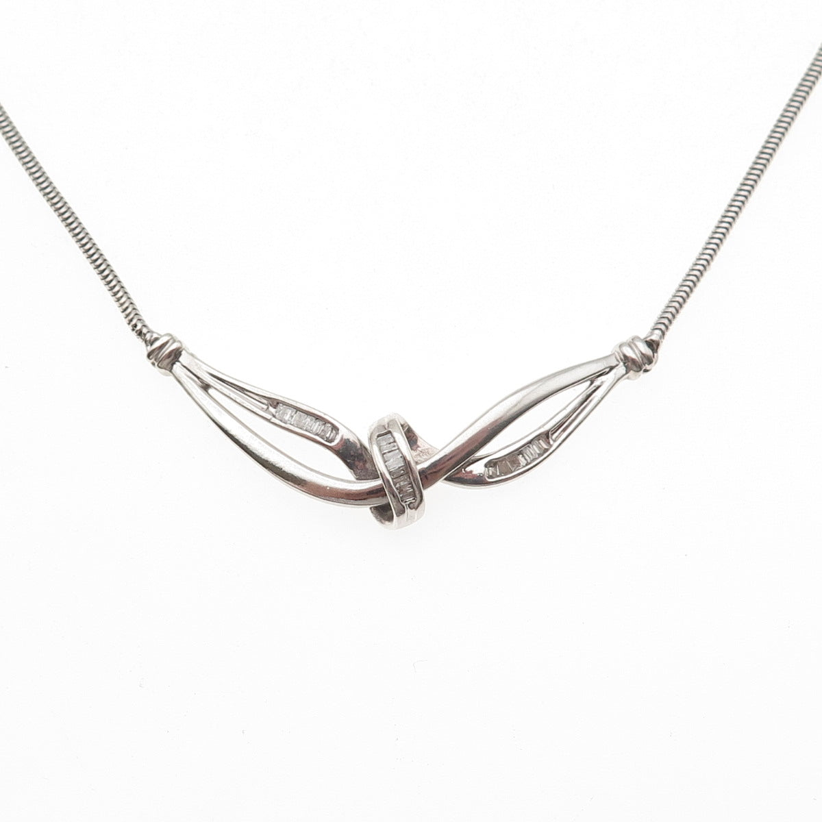 HN Heng Ngai Sterling Silver Real Emerald-Cut Diamond Snake Chain Necklace 16"