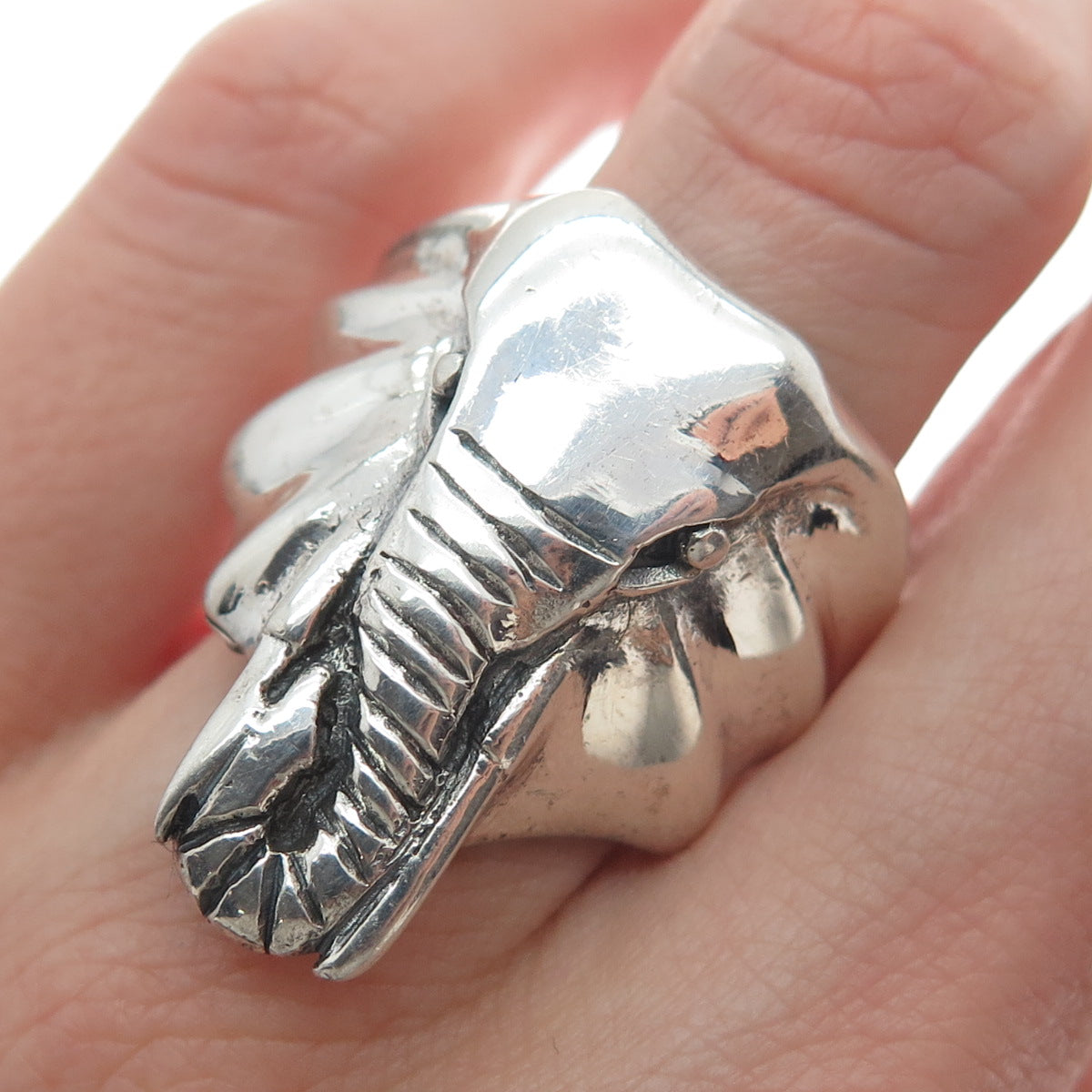 925 Sterling Silver Vintage Elephant's Head Statement Ring Size 9.25