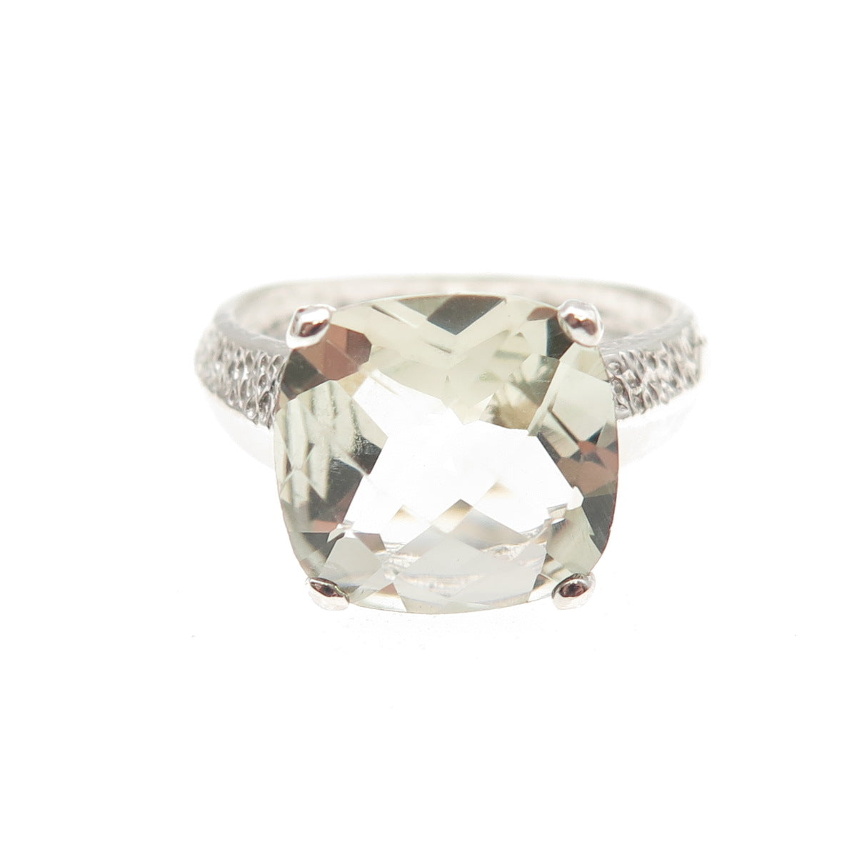 925 Sterling Silver Real Cushion-Cut Green Amethyst Modernist Ring Size 8.25