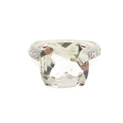 925 Sterling Silver Real Cushion-Cut Green Amethyst Modernist Ring Size 8.25