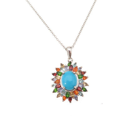 D'Joy 925 Sterling Silver Real Turquoise & Multi-Gem Cable Chain Necklace 20"