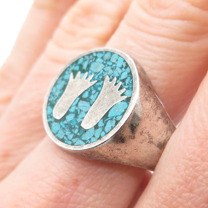 925 Sterling Silver Vintage Real Turquoise Inlay Footprint Ring Size 9.75