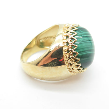 925 Sterling Silver Gold Plated Real Malachite Crown Ring Size 6.25