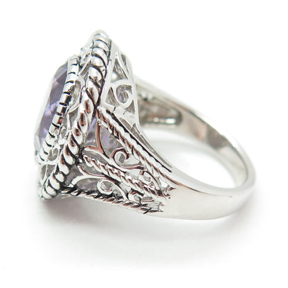 925 Sterling Silver Real Checkered Amethyst Gem Swirl Twisted Ring Size 7