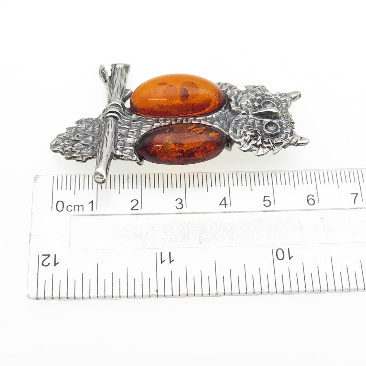 925 Sterling Silver Vintage Poland Real Amber Owl Bird Oxidized Pin Brooch