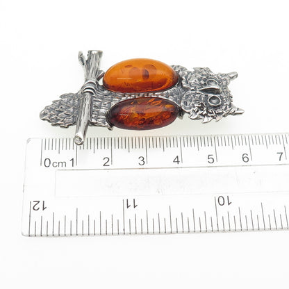 925 Sterling Silver Vintage Poland Real Amber Owl Bird Oxidized Pin Brooch