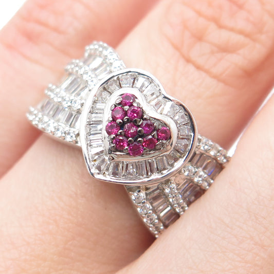 925 Sterling Silver Real Round-Cut Ruby & C Z Heart Ring Size 7.25