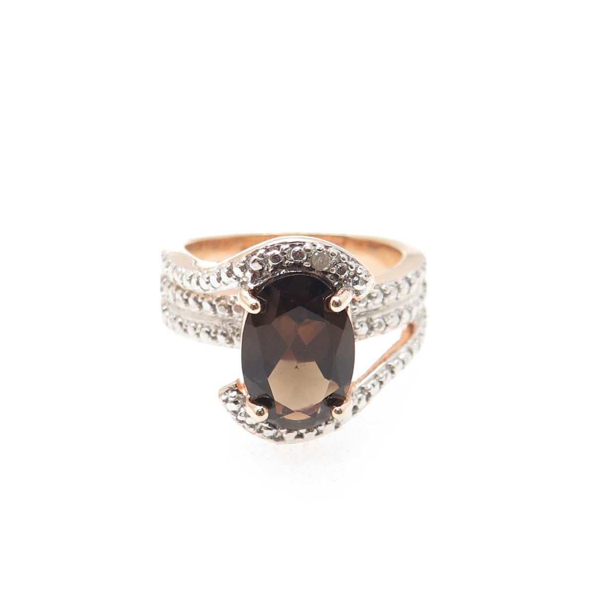 925 Sterling Rose Gold Plated Real Diamond Accent & Smoky Topaz Ring Size 7.25