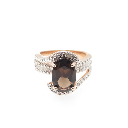 925 Sterling Rose Gold Plated Real Diamond Accent & Smoky Topaz Ring Size 7.25