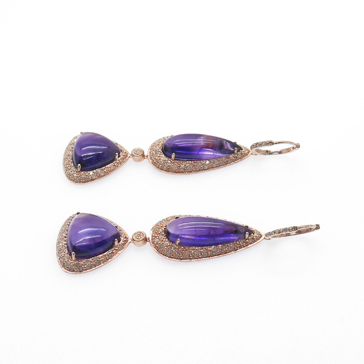 925 Sterling Silver Rose Gold Plated Real Diamond & Amethyst Dangle Earrings