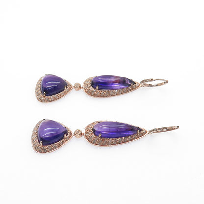 925 Sterling Silver Rose Gold Plated Real Diamond & Amethyst Dangle Earrings