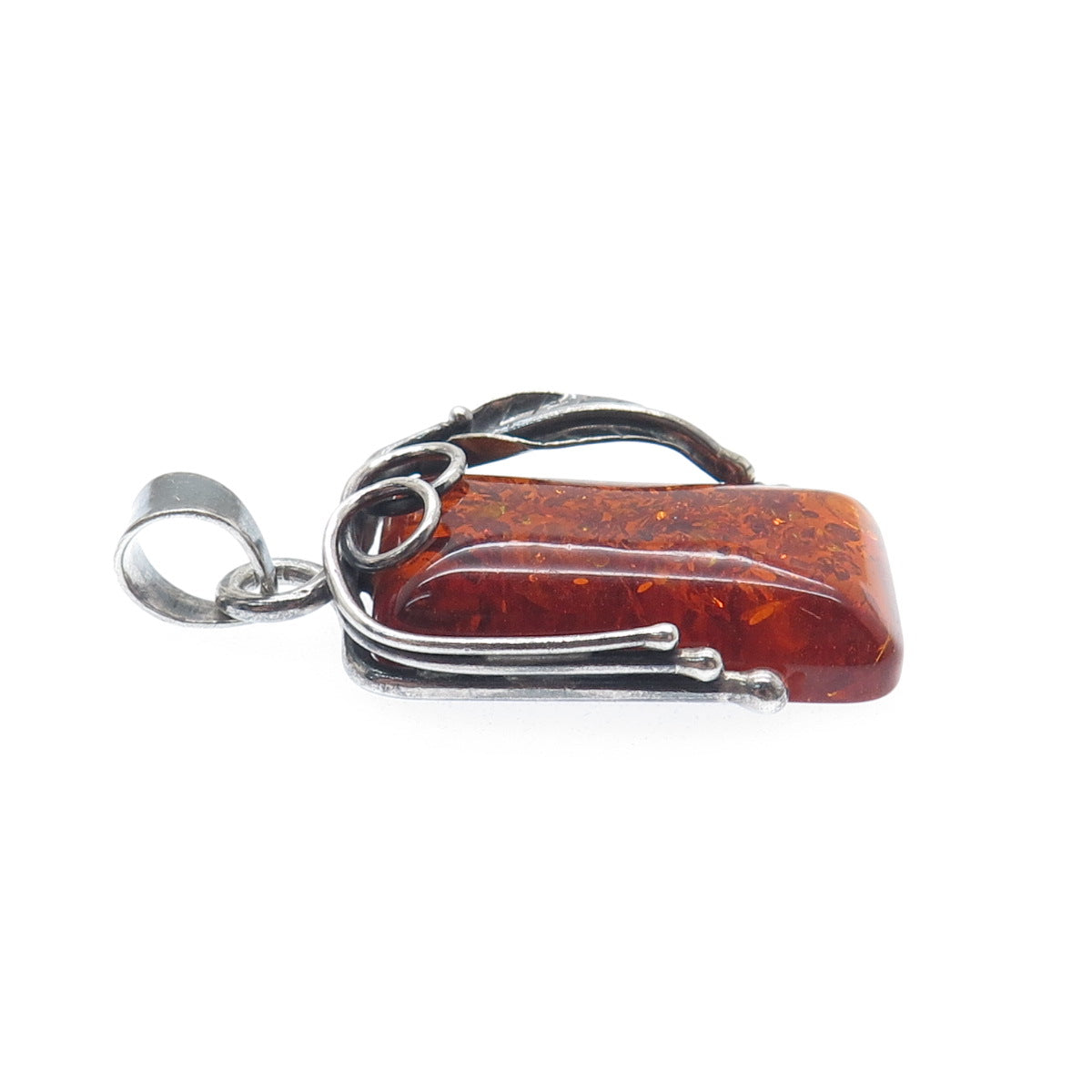 925 Sterling Silver Vintage Real Baltic Amber Leaf Modernist Oxidized Pendant