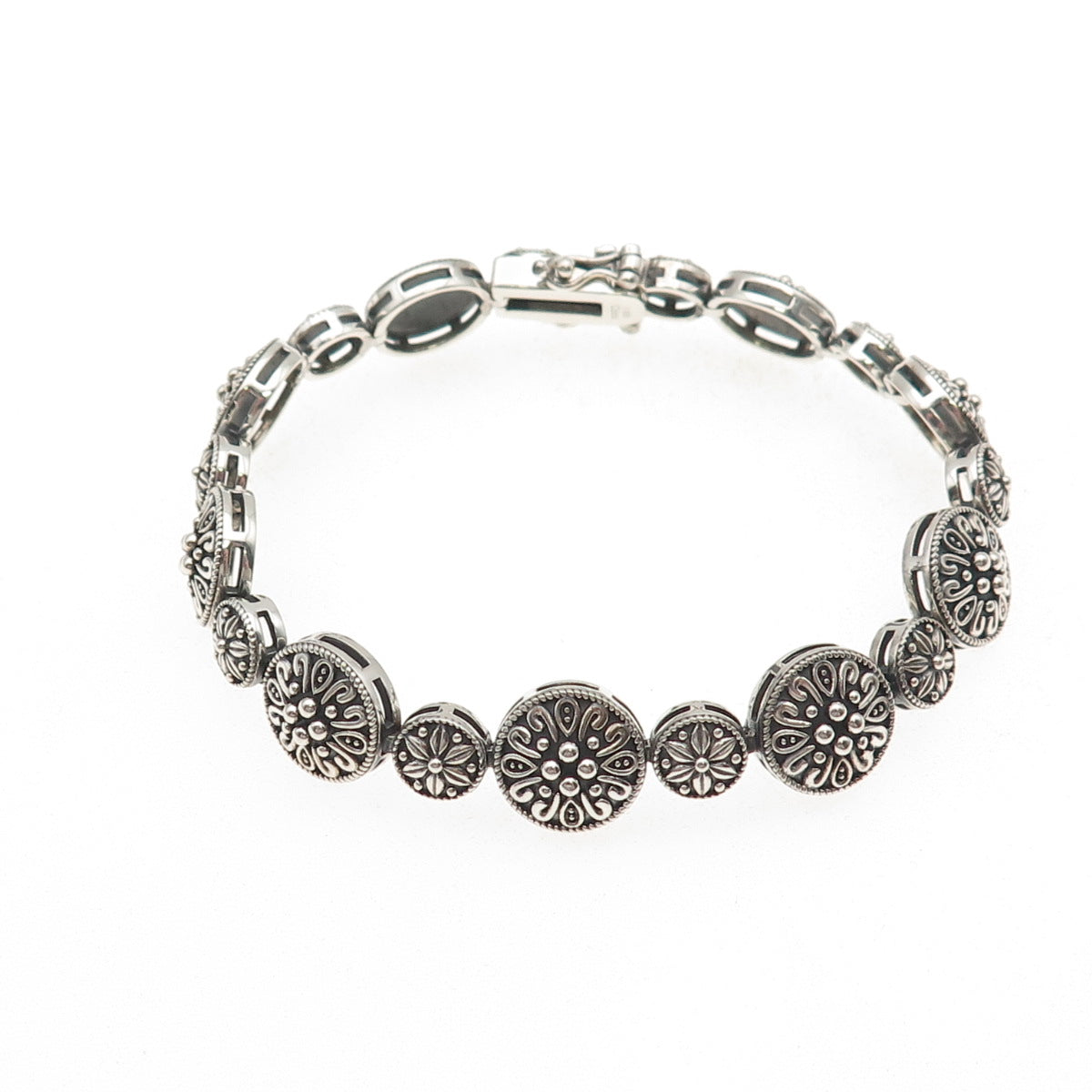925 Sterling Silver Vintage Floral Disc Link Oxidized Bracelet 7"